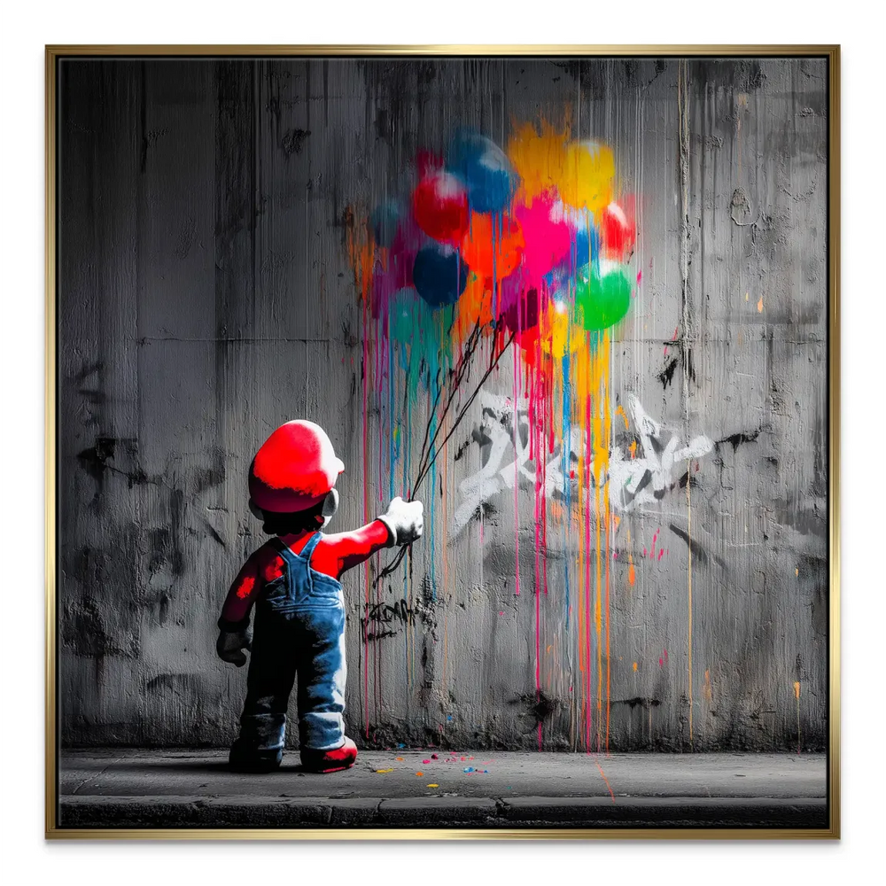 Vibrant balloons in red, blue, yellow, and green dripping neon paint on a graffiti backdrop