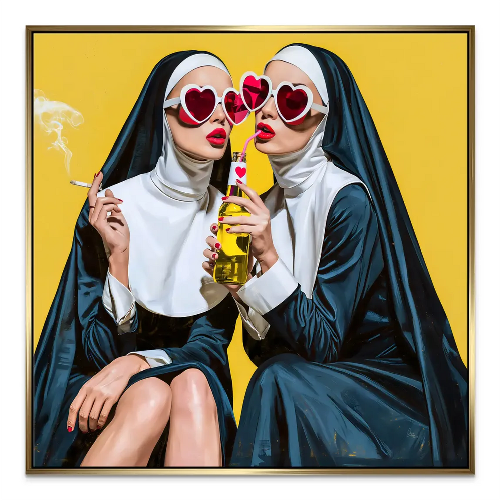 Playful, rebellious religious-themed wall art for contemporary spaces.