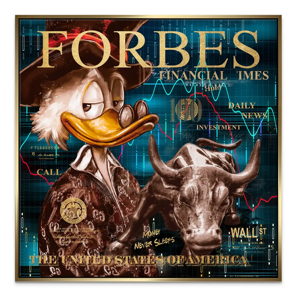 Modern office wall art blending finance icons with cartoon character in pop graffiti style