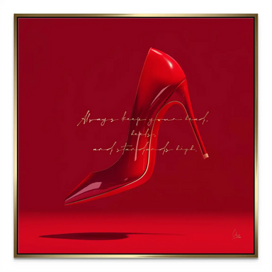 Glamorous red heel canvas print with gold lettering and modern design.