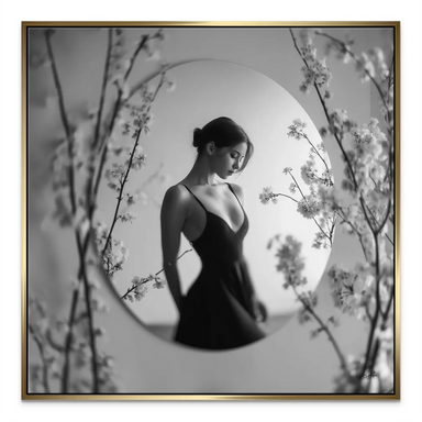 Minimalist wall art depicting a woman in a black dress against a clean grayscale background.