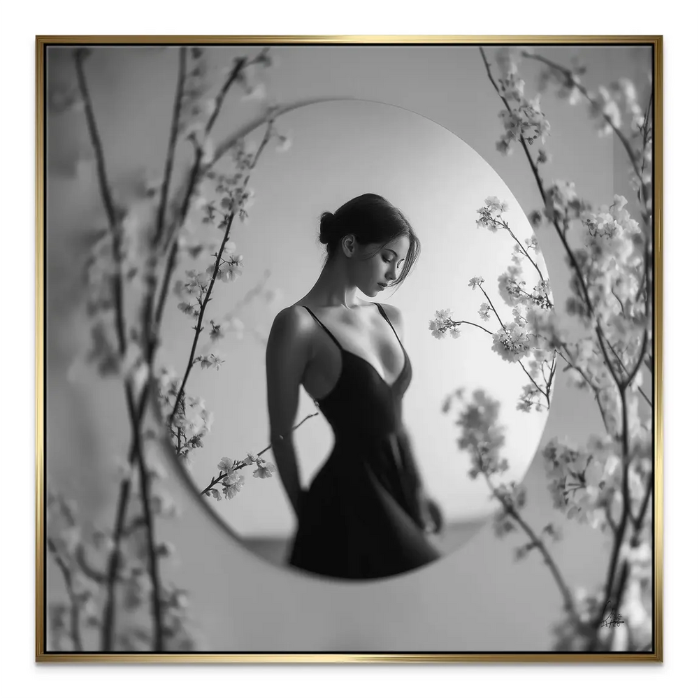 Minimalist wall art depicting a woman in a black dress against a clean grayscale background.