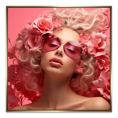 Soft pink lipstick and chic sunglasses accent a contemporary feminine canvas.