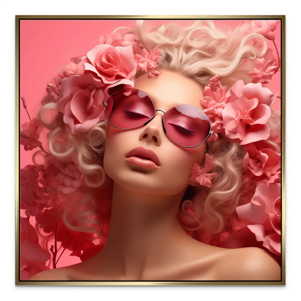 Soft pink lipstick and chic sunglasses accent a contemporary feminine canvas.