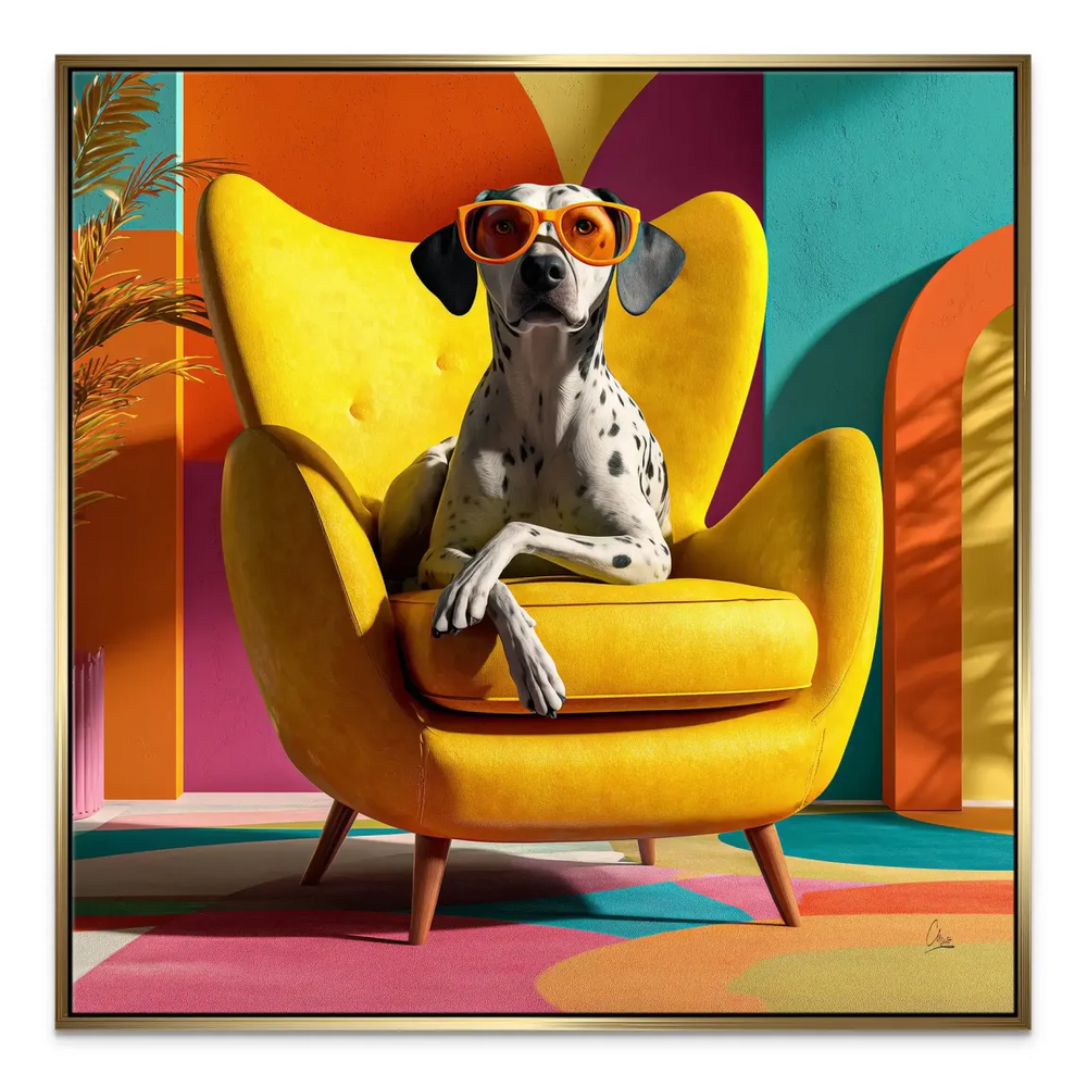 Vibrant wall art arranged in a modern, eclectic living room setting
