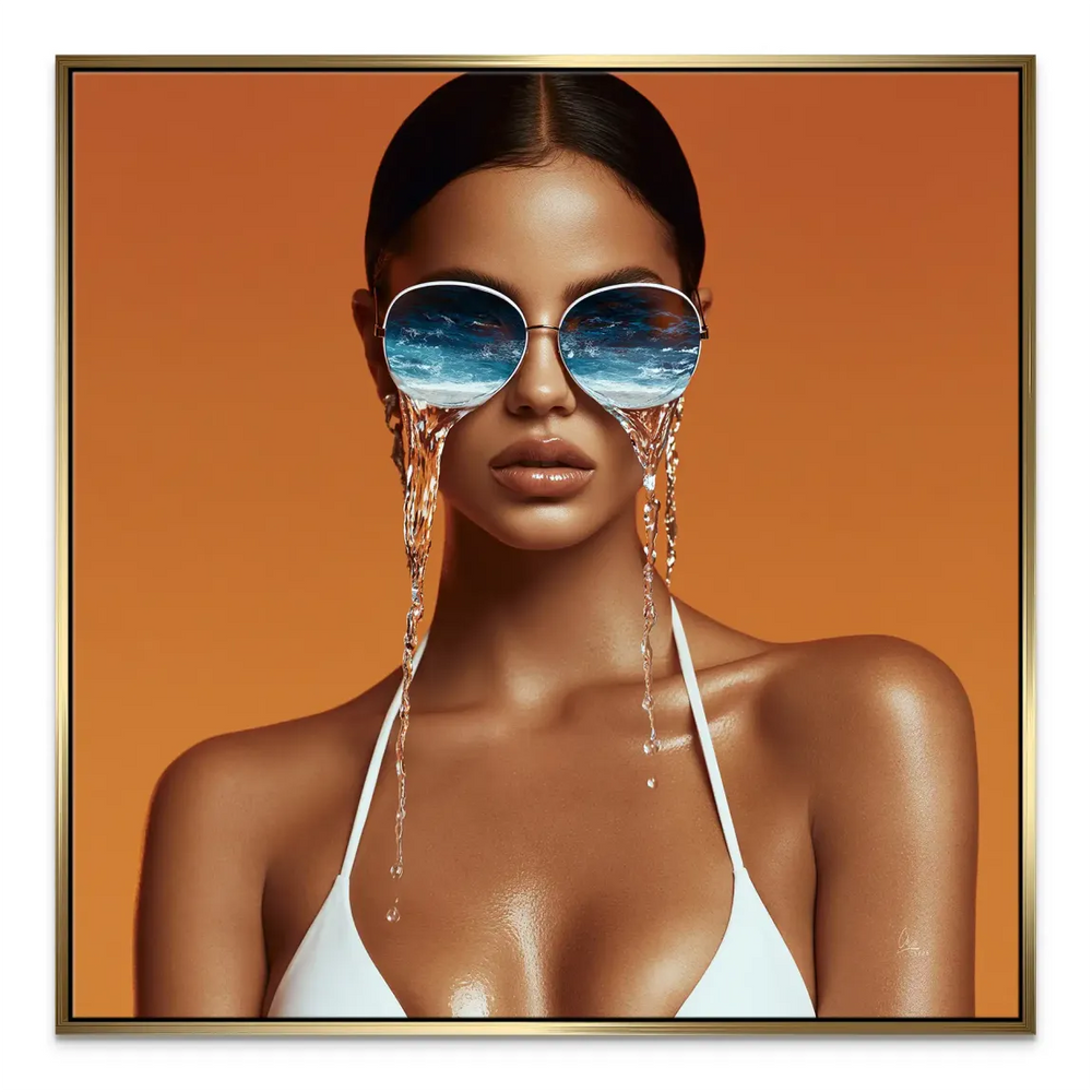 Close-up portrait emphasizing glossy sunglasses and melting water details.