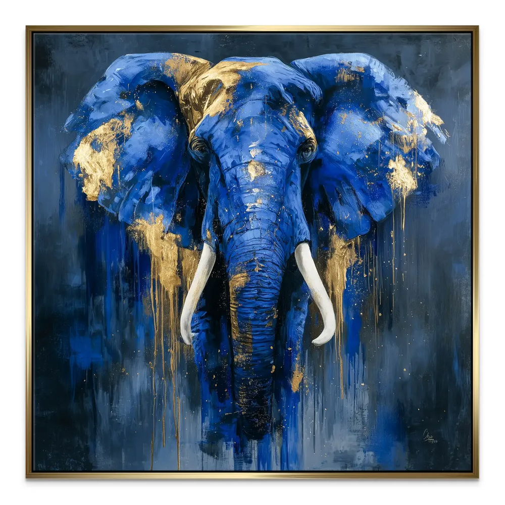 Abstract elephant artwork in blue and gold for modern interiors