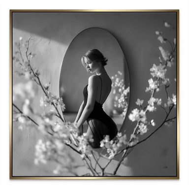 Depth-of-field emphasis on the subject with floral accents in Velvet Muse canvas print.