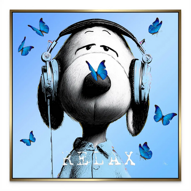 Square-format Snoopy canvas art in a vibrant pop art style with butterflies