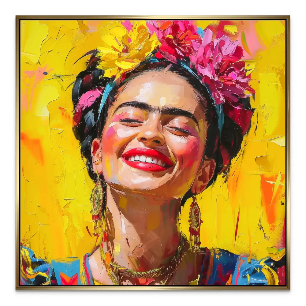 Joyful expression on a Frida Kahlo-inspired figure wearing a floral crown