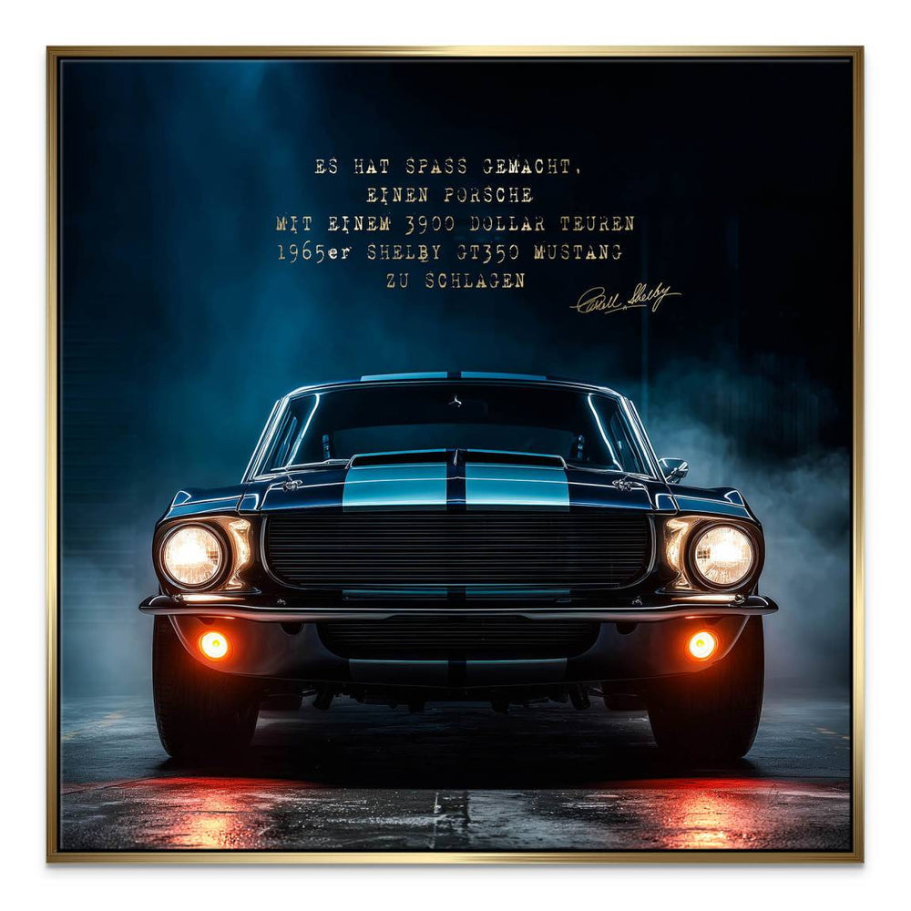 Dramatic lighting and wet-look floor highlight the Mustang in this square car wall art.