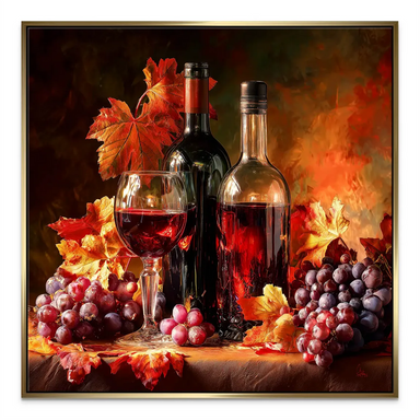 Elegant wine harvest scene on canvas wall art highlighting rich reds and gold accents.