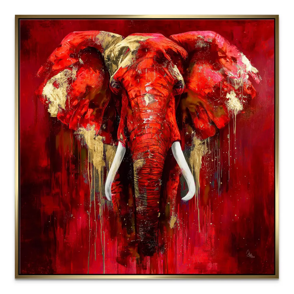Vibrant red elephant artwork suitable for living room decor