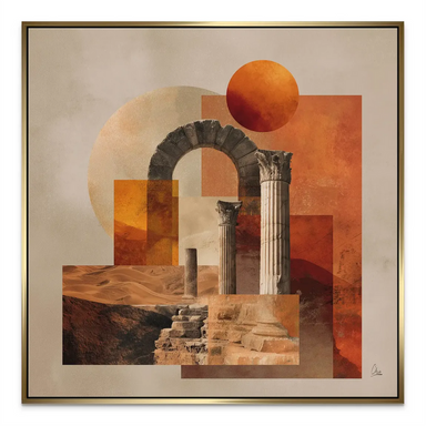 Close-up of weathered columns and stone steps overlaid by an orange circle