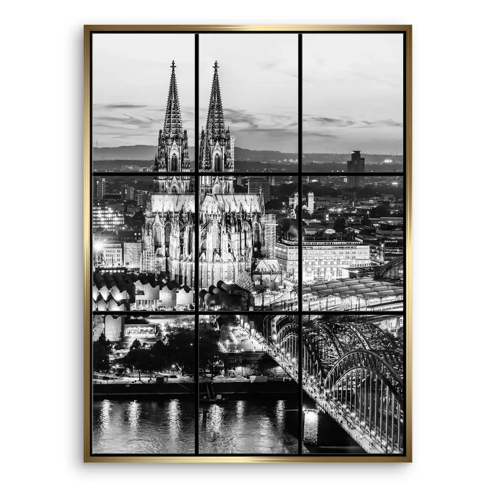 Evening panorama focusing on church and bridge against a dark sky