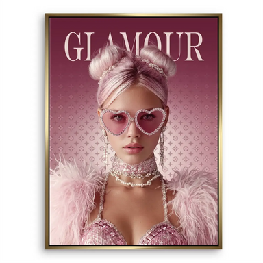 Background featuring a Glamour magazine masthead motif to evoke luxury fashion.