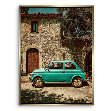 Texture of stone walls and weathered wooden door framing the classic car