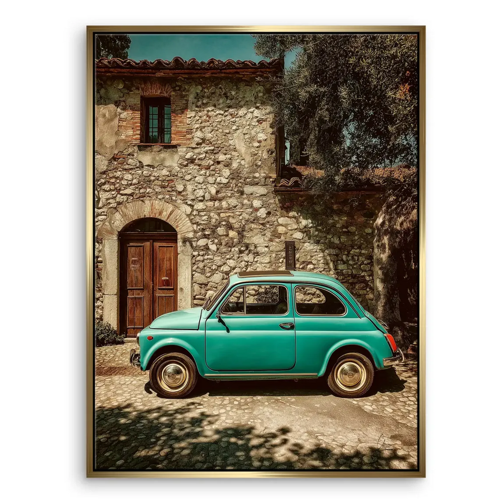 Texture of stone walls and weathered wooden door framing the classic car