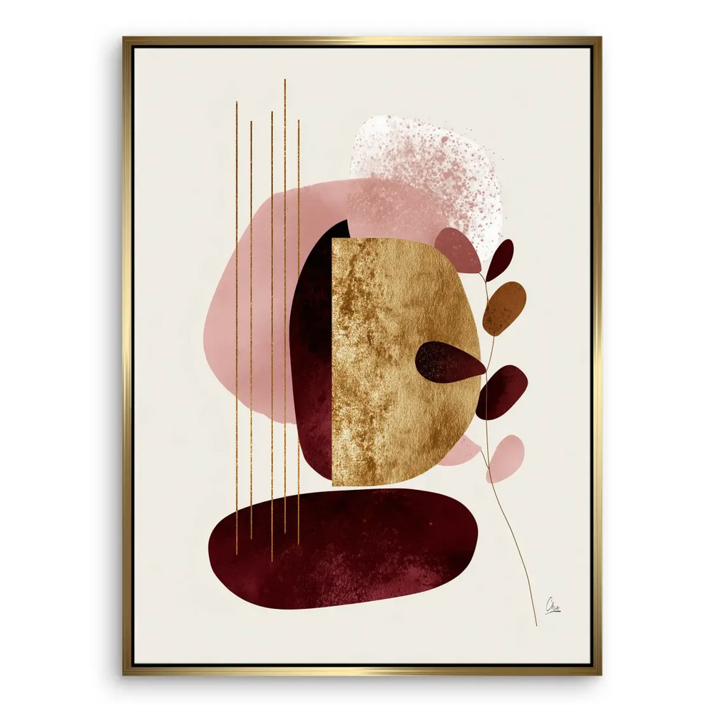 Soft organic shapes with subtle geometric lines in burgundy, pink, and gold