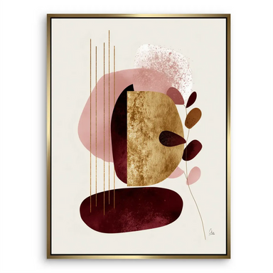 Soft organic shapes with subtle geometric lines in burgundy, pink, and gold