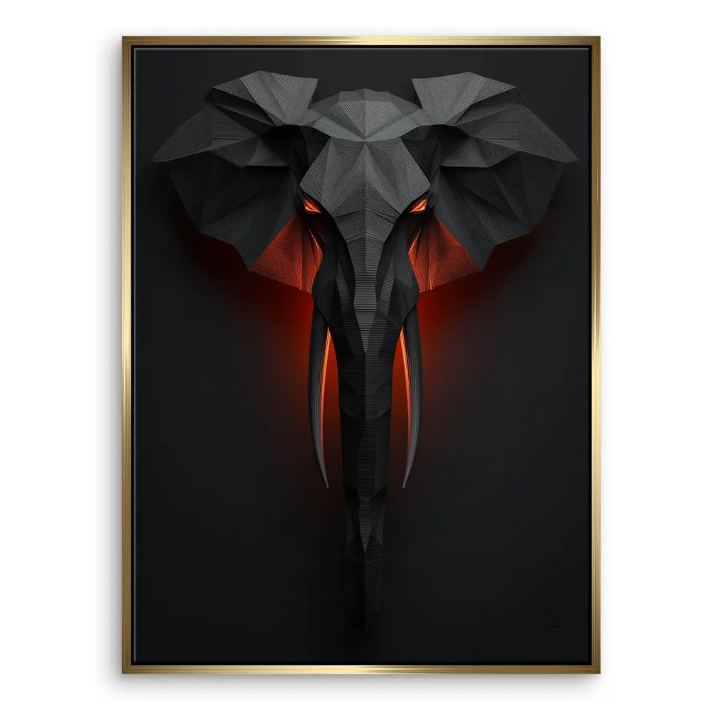 Close-up of glowing eyes and angular shapes in a contemporary elephant canvas.