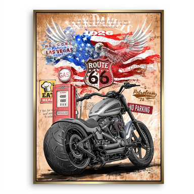 Vibrant red and blue hues against brown and gray tones in vintage Americana canvas
