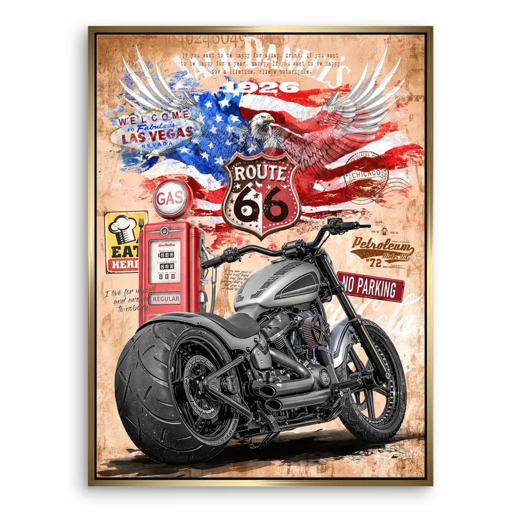 Vibrant red and blue hues against brown and gray tones in vintage Americana canvas