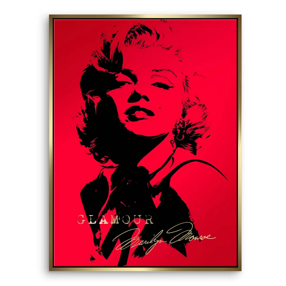 Glamour-themed wall art: Marilyn Monroe portrait in two-tone red and black with gold lettering.