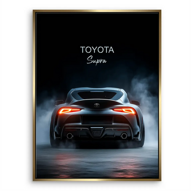 Toyota Supra canvas art in a modern man cave or garage setting.
