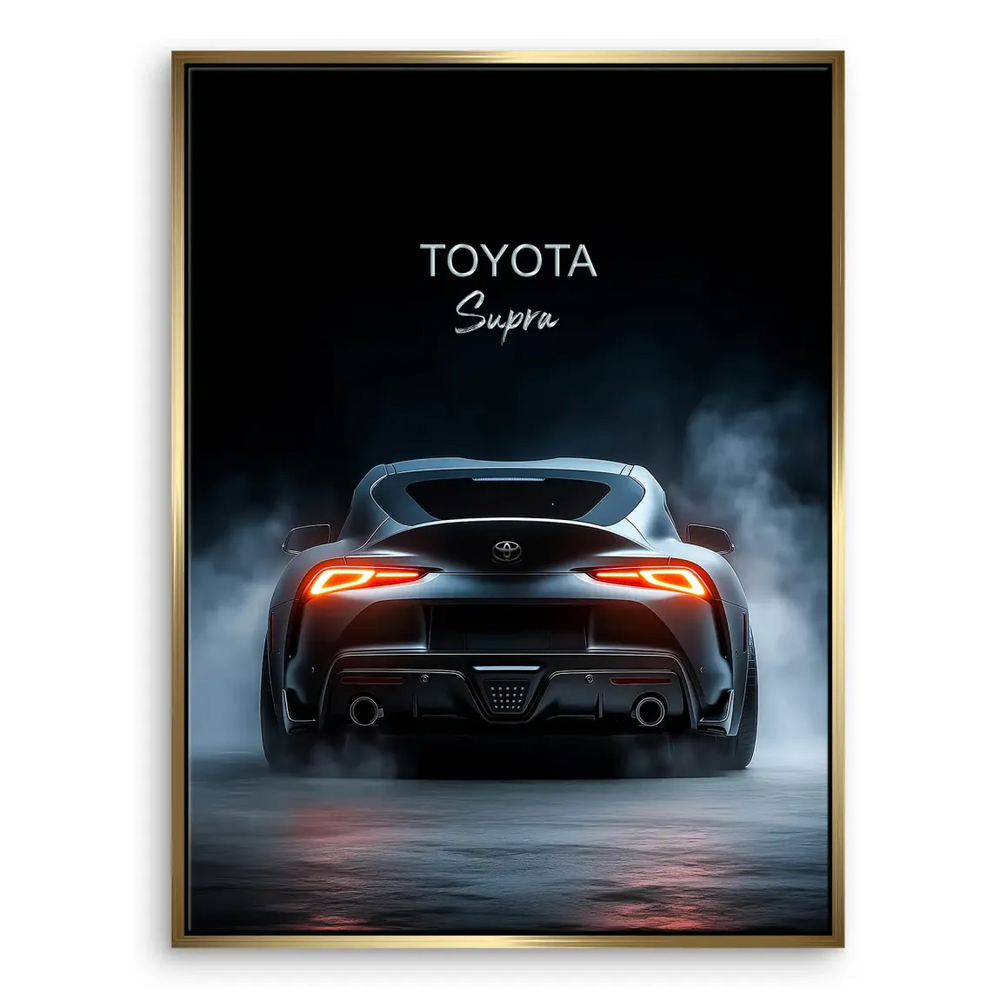 Toyota Supra canvas art in a modern man cave or garage setting.