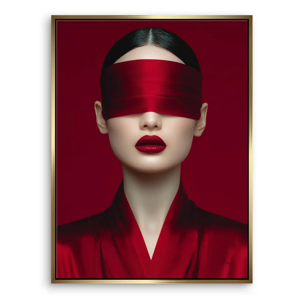 Monochrome red portrait artwork with satin blindfold