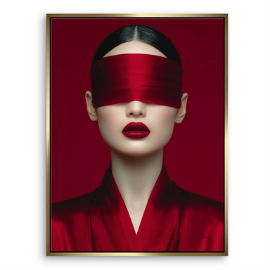 Monochrome red portrait artwork with satin blindfold