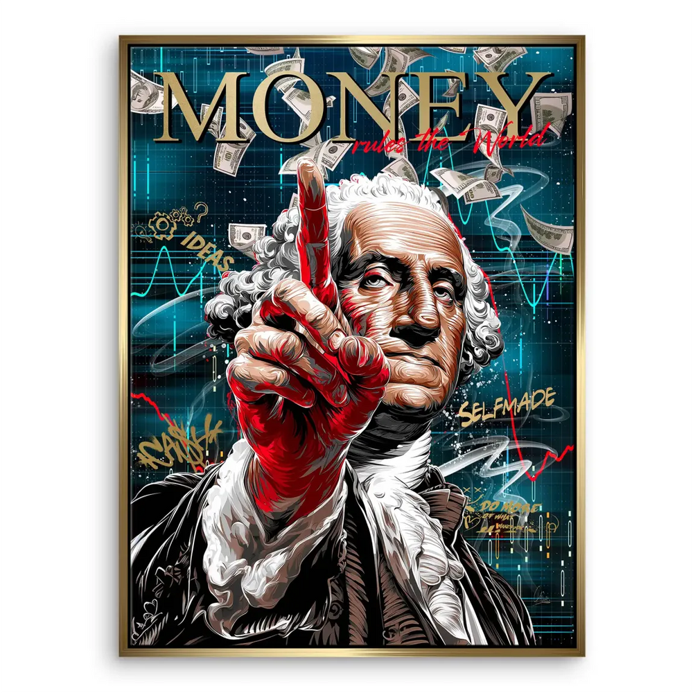 Dynamic city-inspired background with currency imagery and bold graphic elements for office decor.