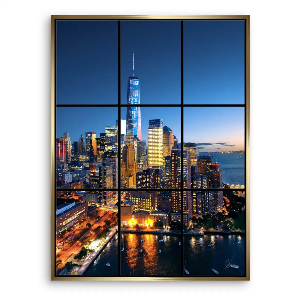 Manhattan skyline at night with warm gold and orange city lights, captured in a modern wall art canvas.