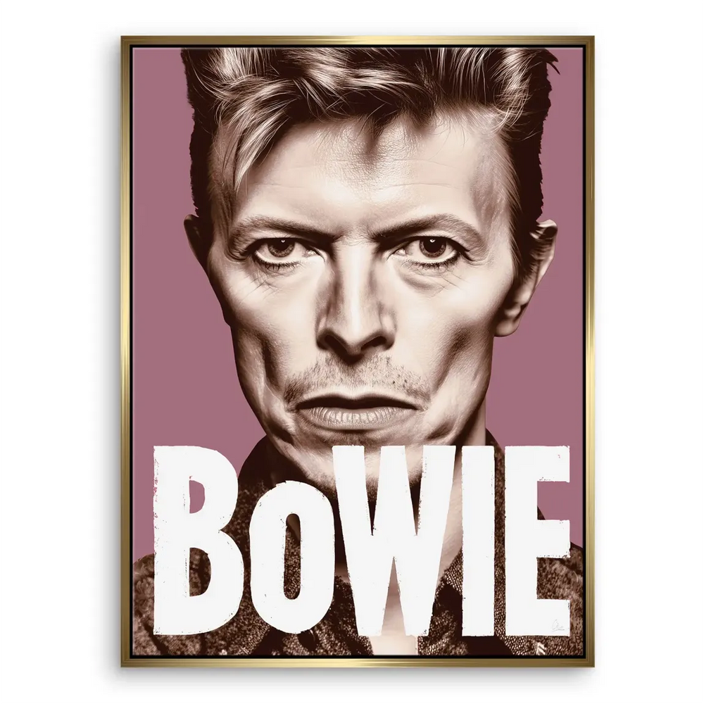 Stylized Bowie portrait emphasizing bold typography and graphic pop art elements
