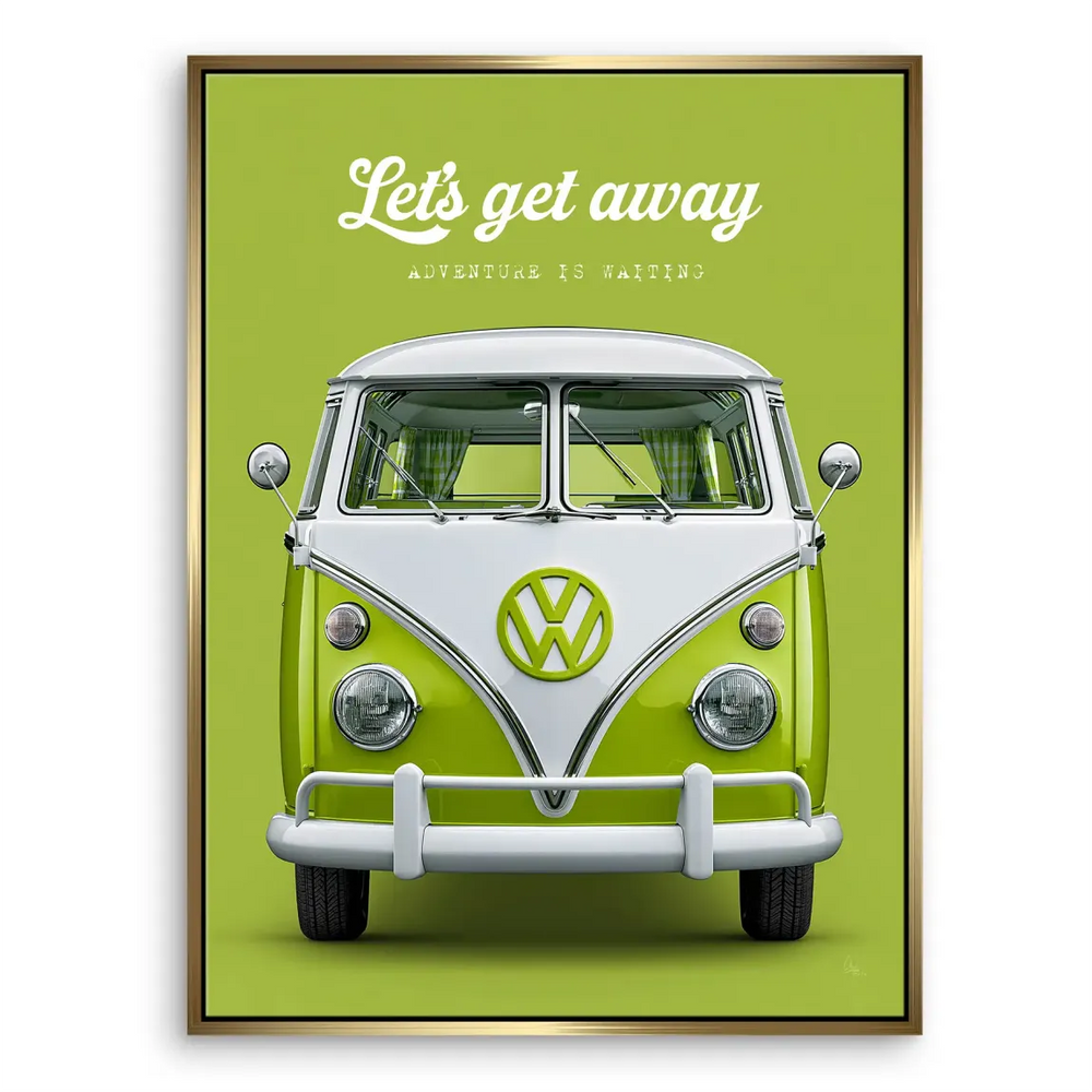Bold pop art car wall art showing a lime-green VW bus and adventure text