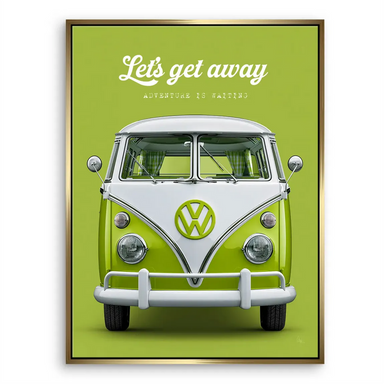 Bold pop art car wall art showing a lime-green VW bus and adventure text
