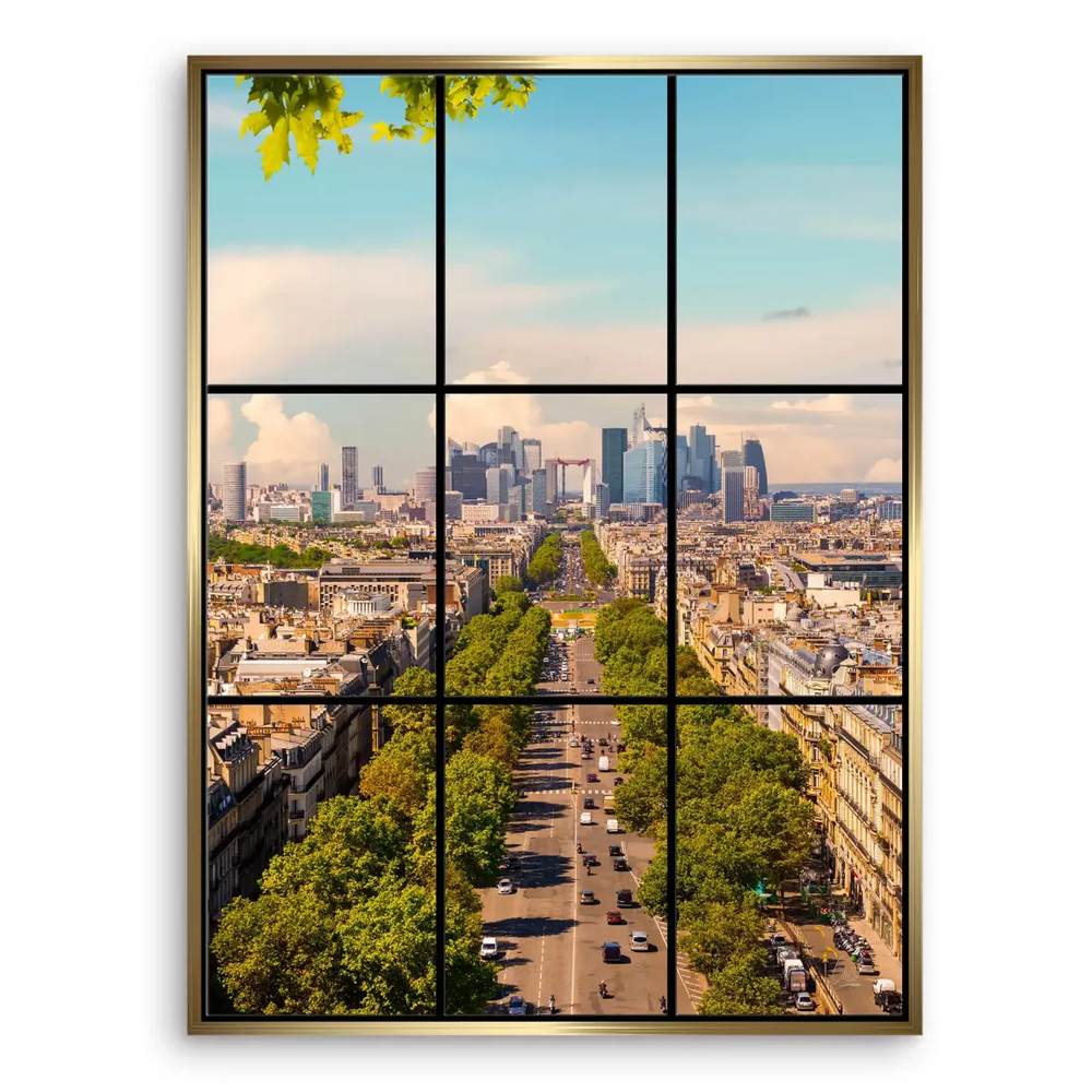 Perspective shot showing strong leading lines along a Paris street, blending historic charm with contemporary skyline elements.