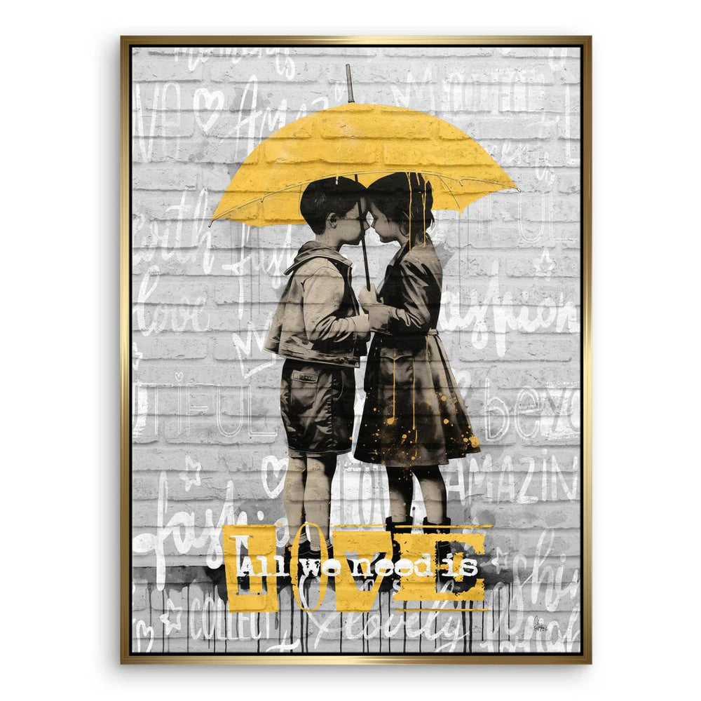 Two children under a yellow umbrella in a Pop Art street art canvas