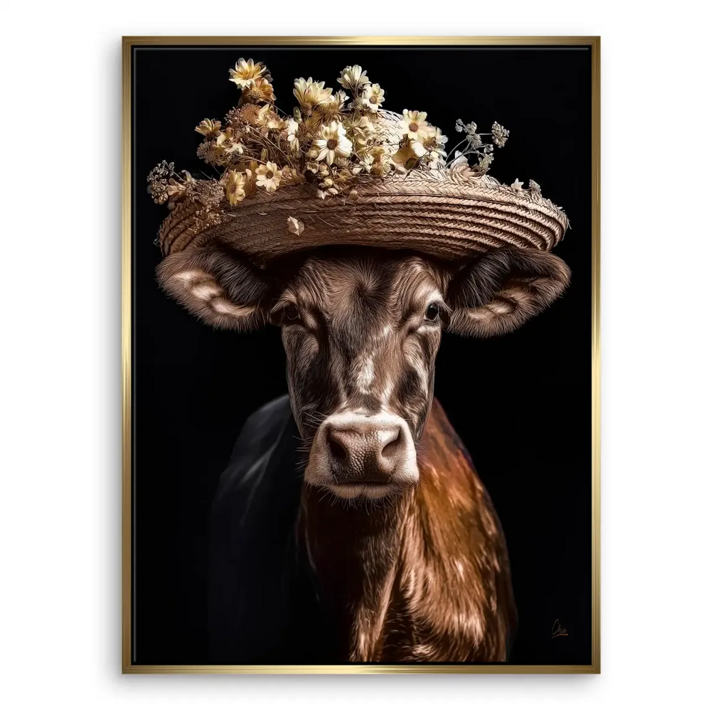 Boho vintage style cow wall art with straw hat and floral accents