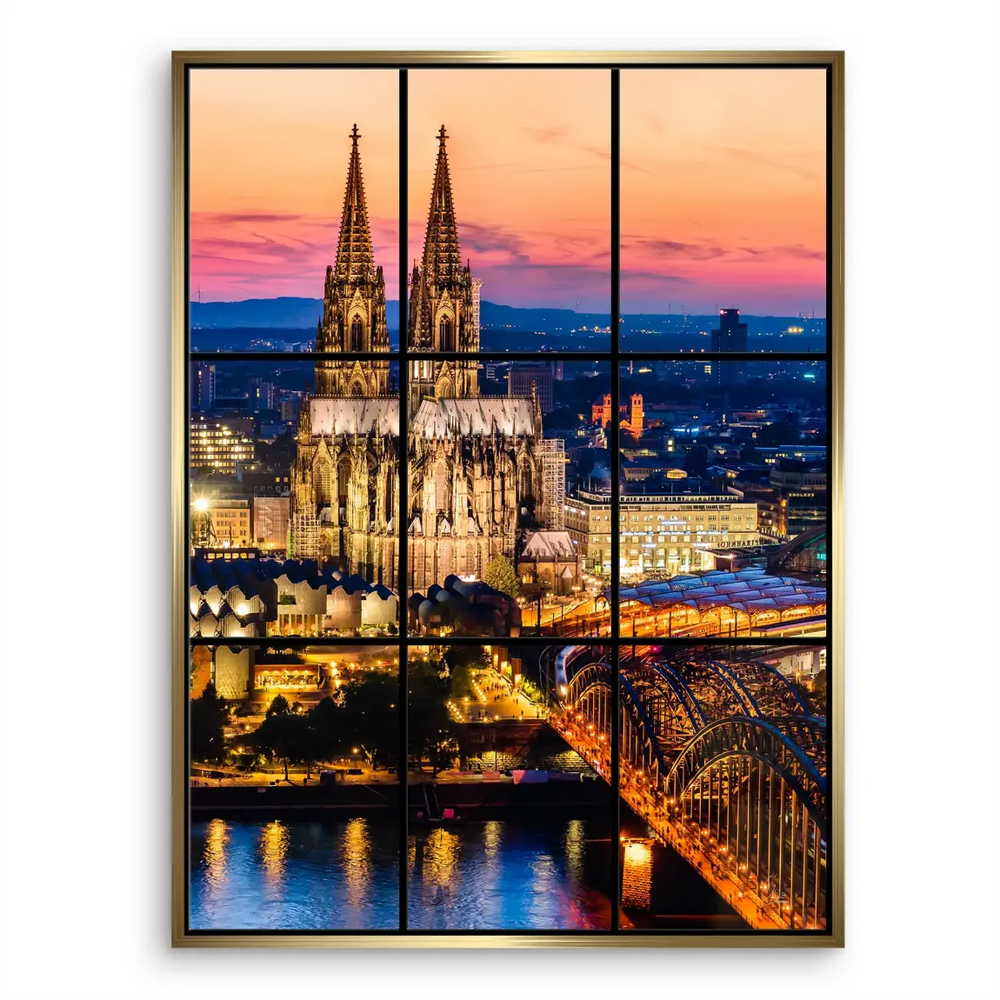Second-to-last panel presents an expansive cityscape with bridge lights along the Rhine