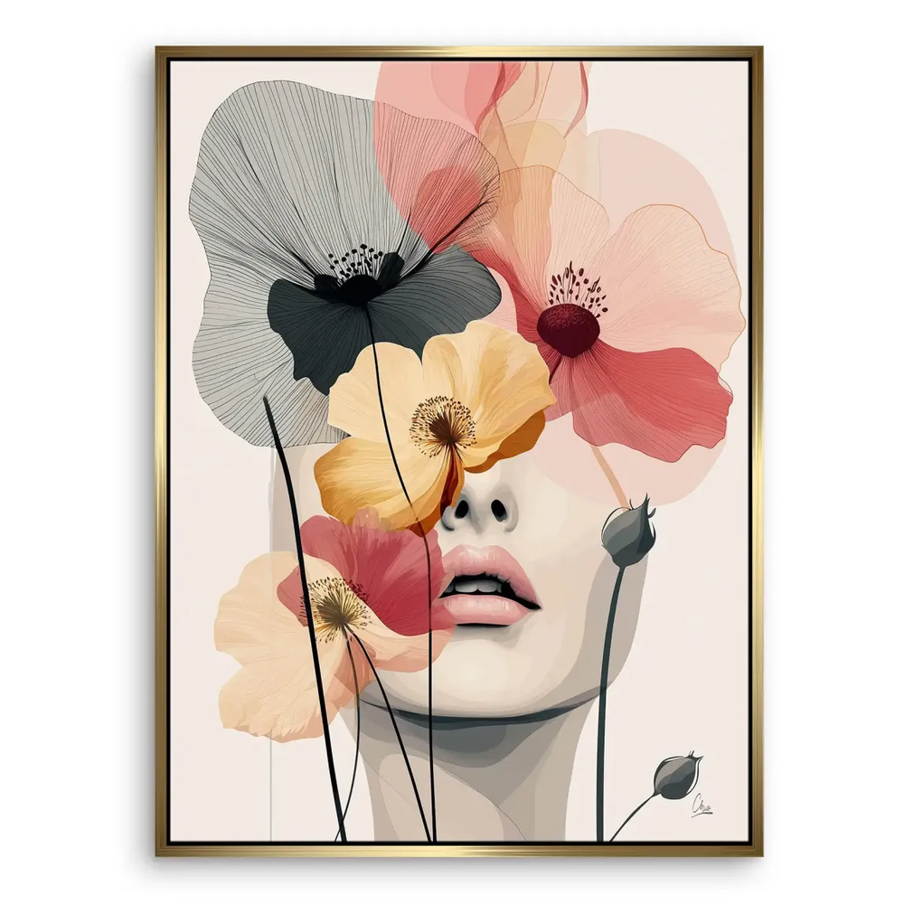 Airy composition featuring abstract floral shapes and hints of a portrait on canvas.