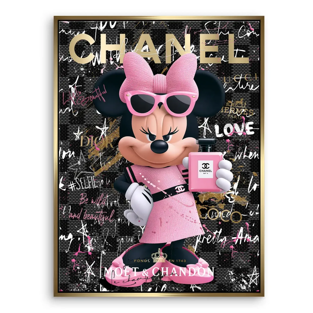 Colorful, luxury-inspired pop art with black, grey, pink, and gold tones.