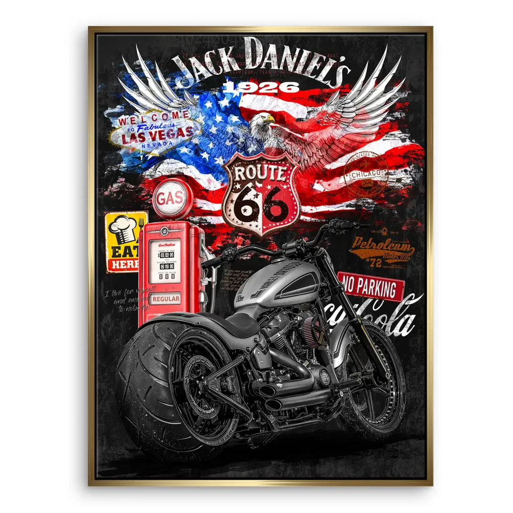 Jack Daniel's 1926 logo and a red gas pump accent the Americana pop art scene.