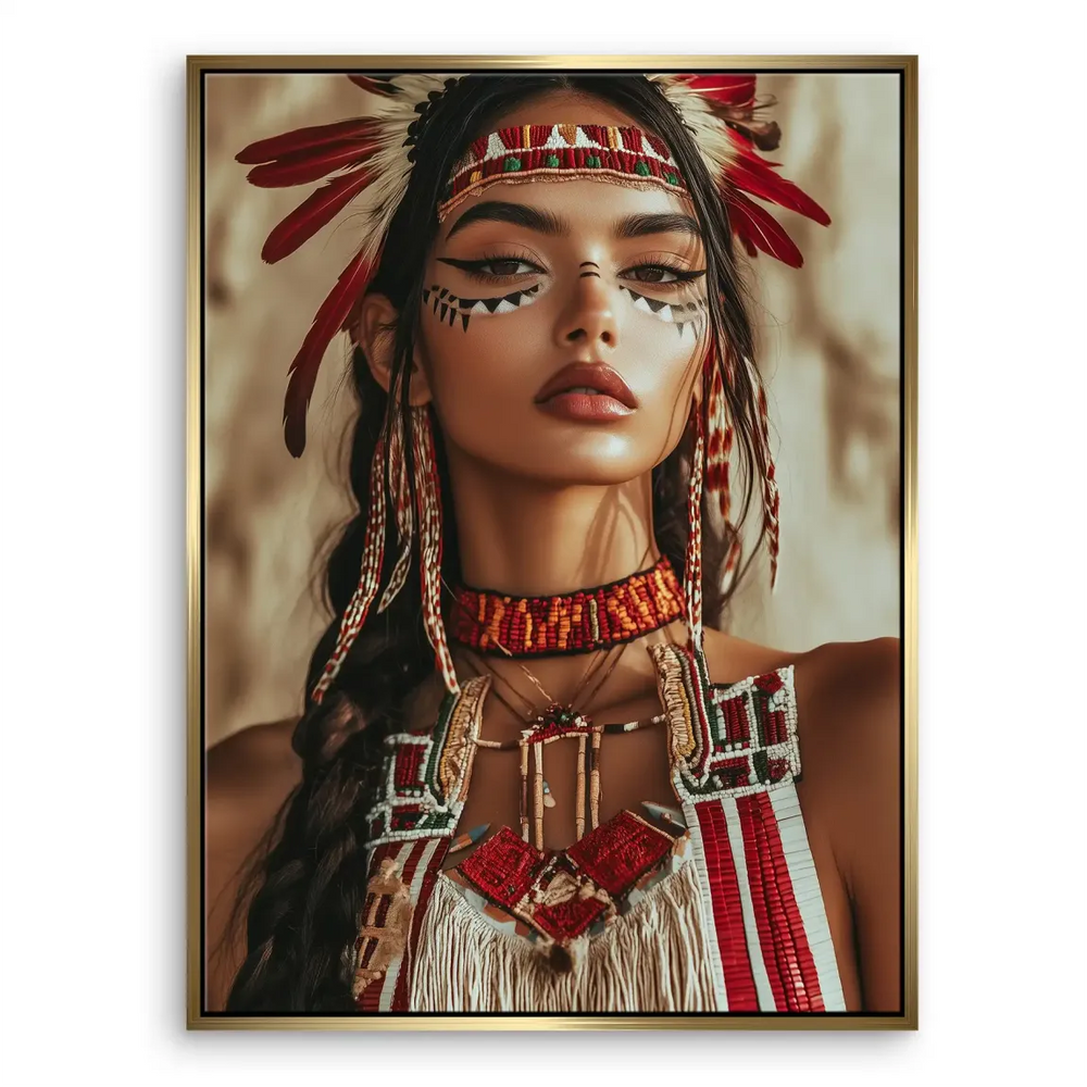 Indigenous cultural portrait with red, orange, and gold tones and beadwork.