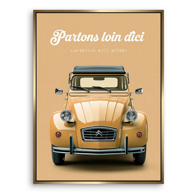 Whimsical travel-themed art with a classic French car and vintage vibe.