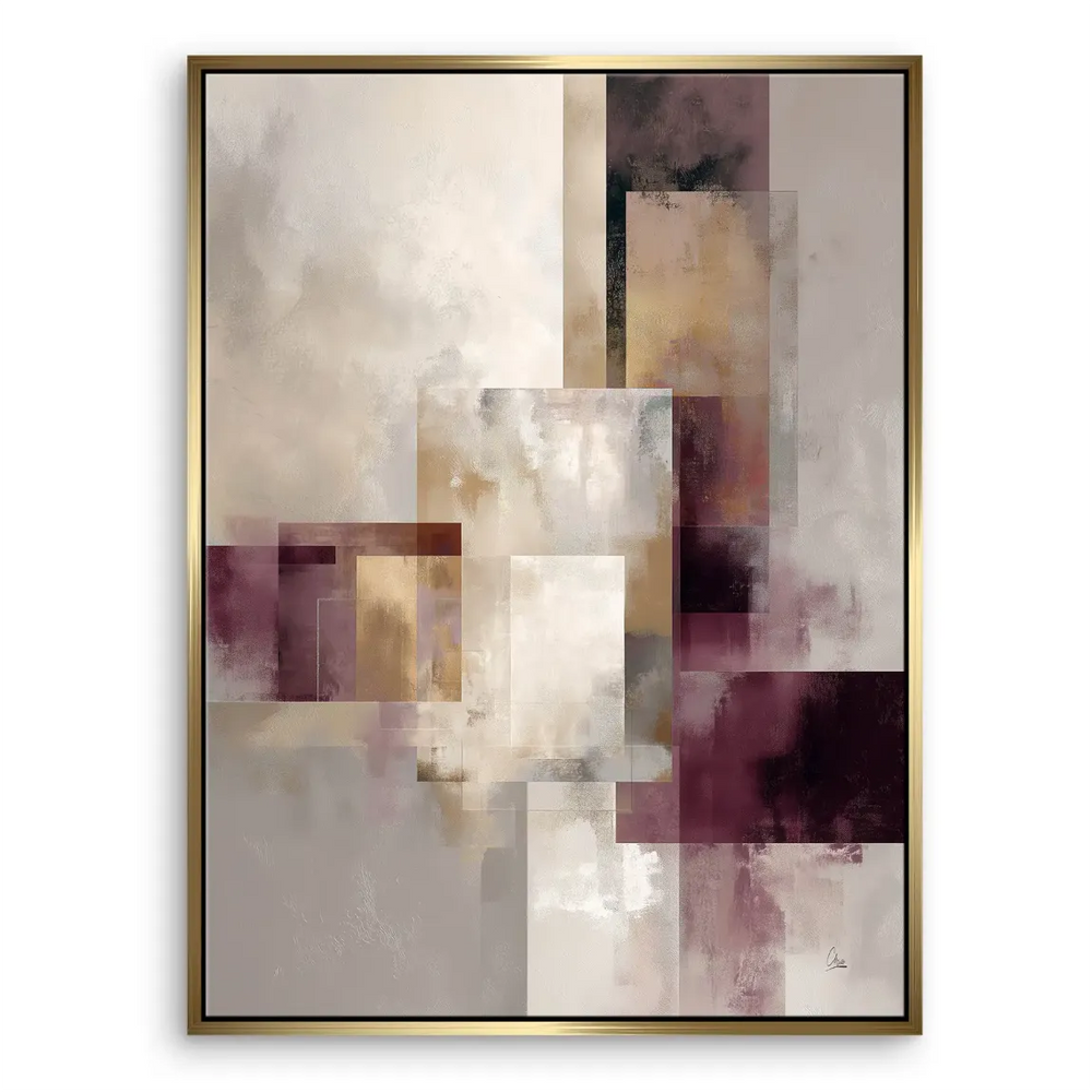 Soft beige and cream tones contrasted by burgundy accents in the abstract geometry canvas