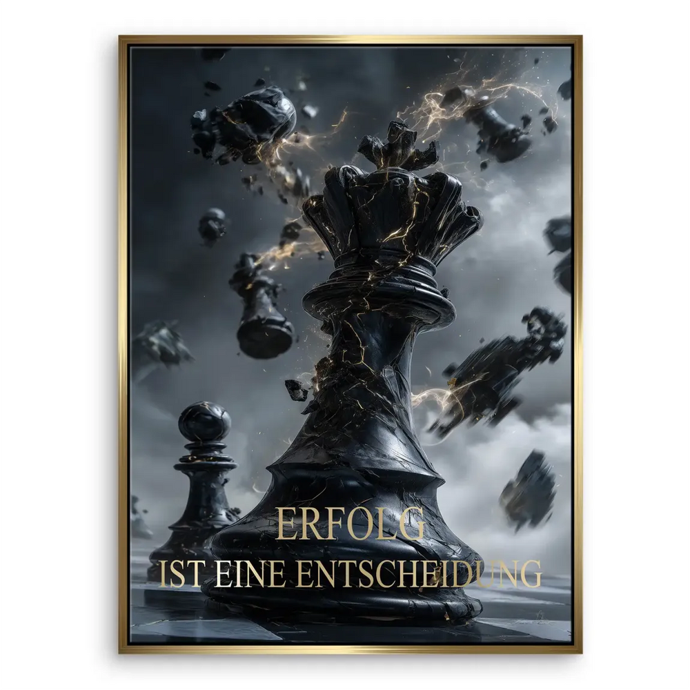 Industrial-modern chess art with black, grey, and gold color palette