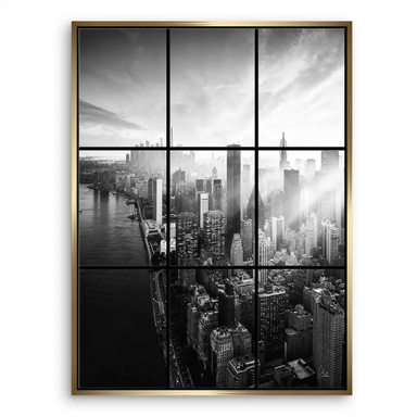 Fourth panel highlighting the bridge and cluster of high-rise buildings in grayscale