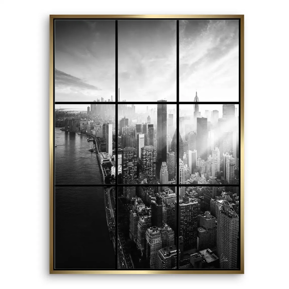 Fourth panel highlighting the bridge and cluster of high-rise buildings in grayscale
